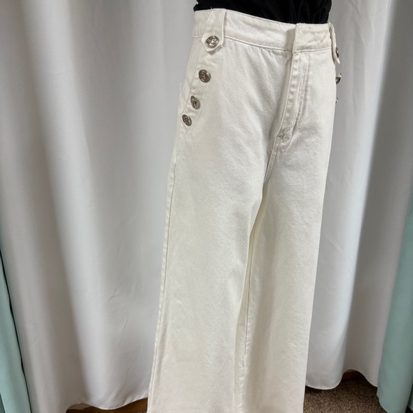 FREE MARKET WHITE DENIM SAILOR PANTS SUPER WIDE LEGS SILVER BUTTONS M - Picture 1 of 9